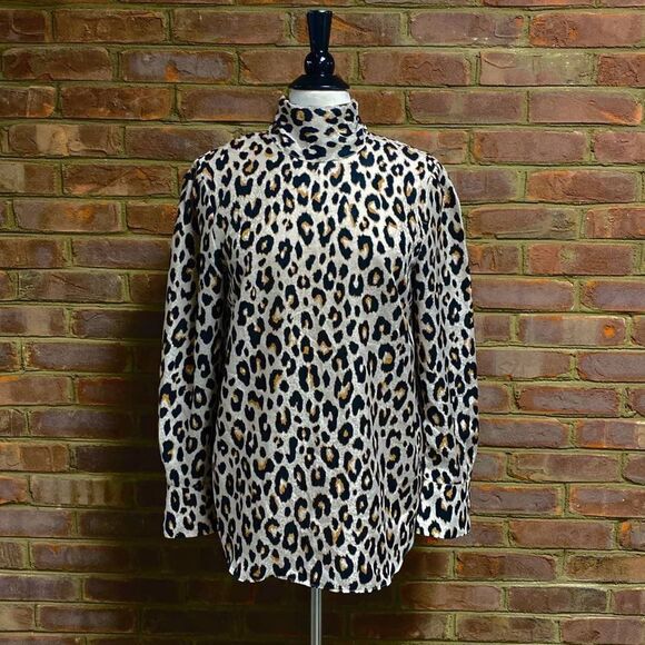 Ann Taylor Leopard Tie Neck Long Sleeve Blouse Size Medium - Picture 2 of 5